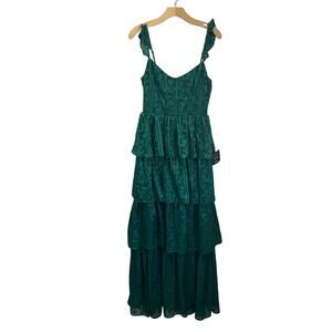Lulus Glory Hunter Green Floral Jacquard Tiered Maxi Dress NWT Sz S
